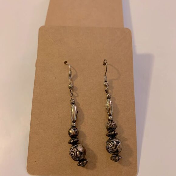 Silver Drop Dangle Rose Bead Pierced Earrings 2.25” Gorgeous - Picture 1 of 5
